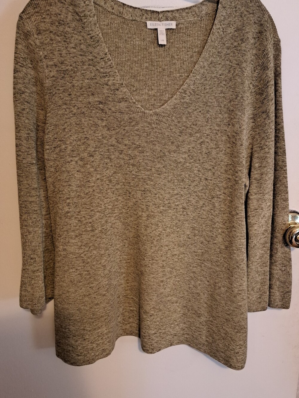 Eileen Fisher Olive-Green/Gray V-Neck Lightweight Knit Sweater